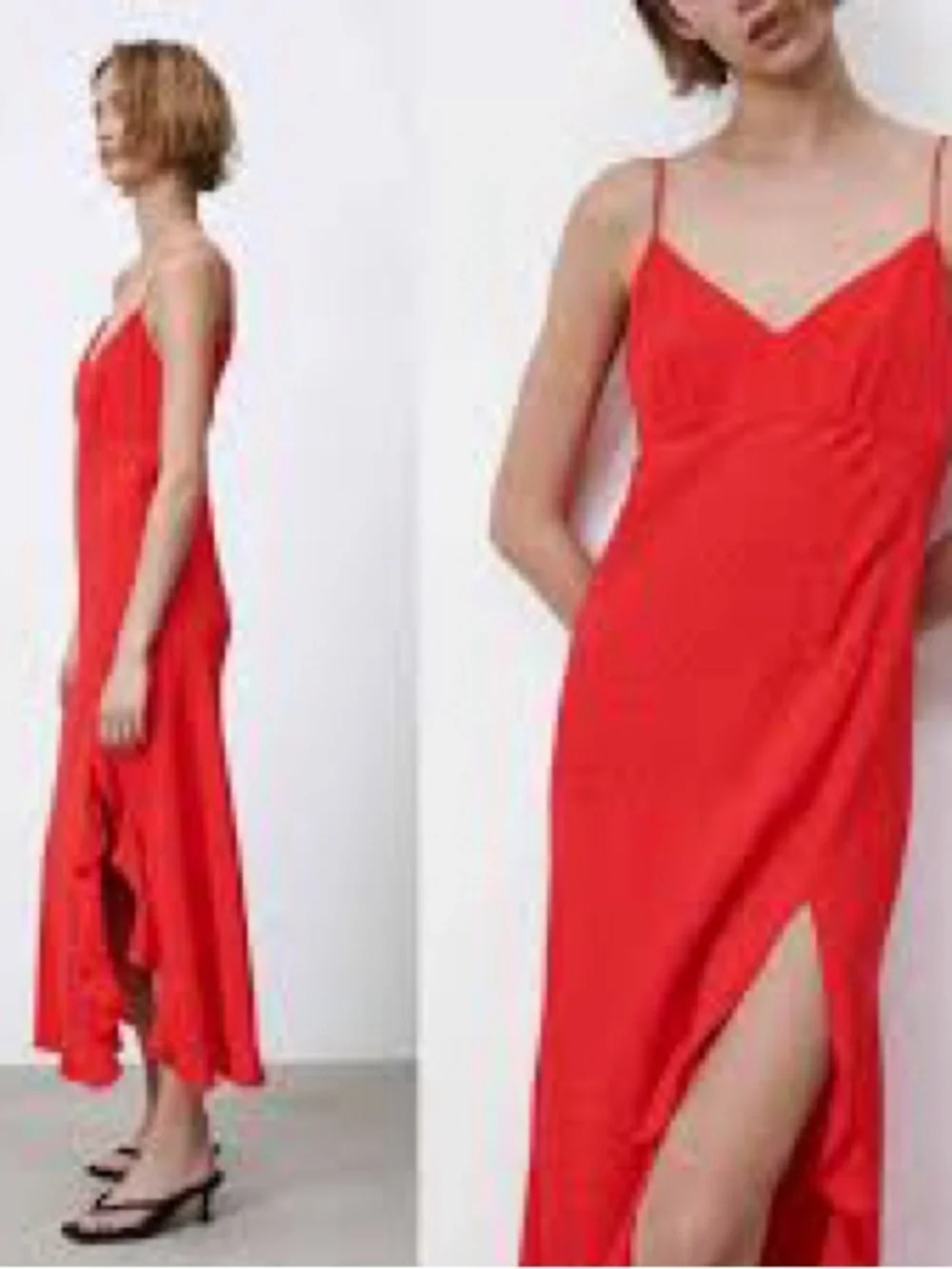 Zara Red High-Low Slip Dress with Ruffle Slit - Picture 2 of 7